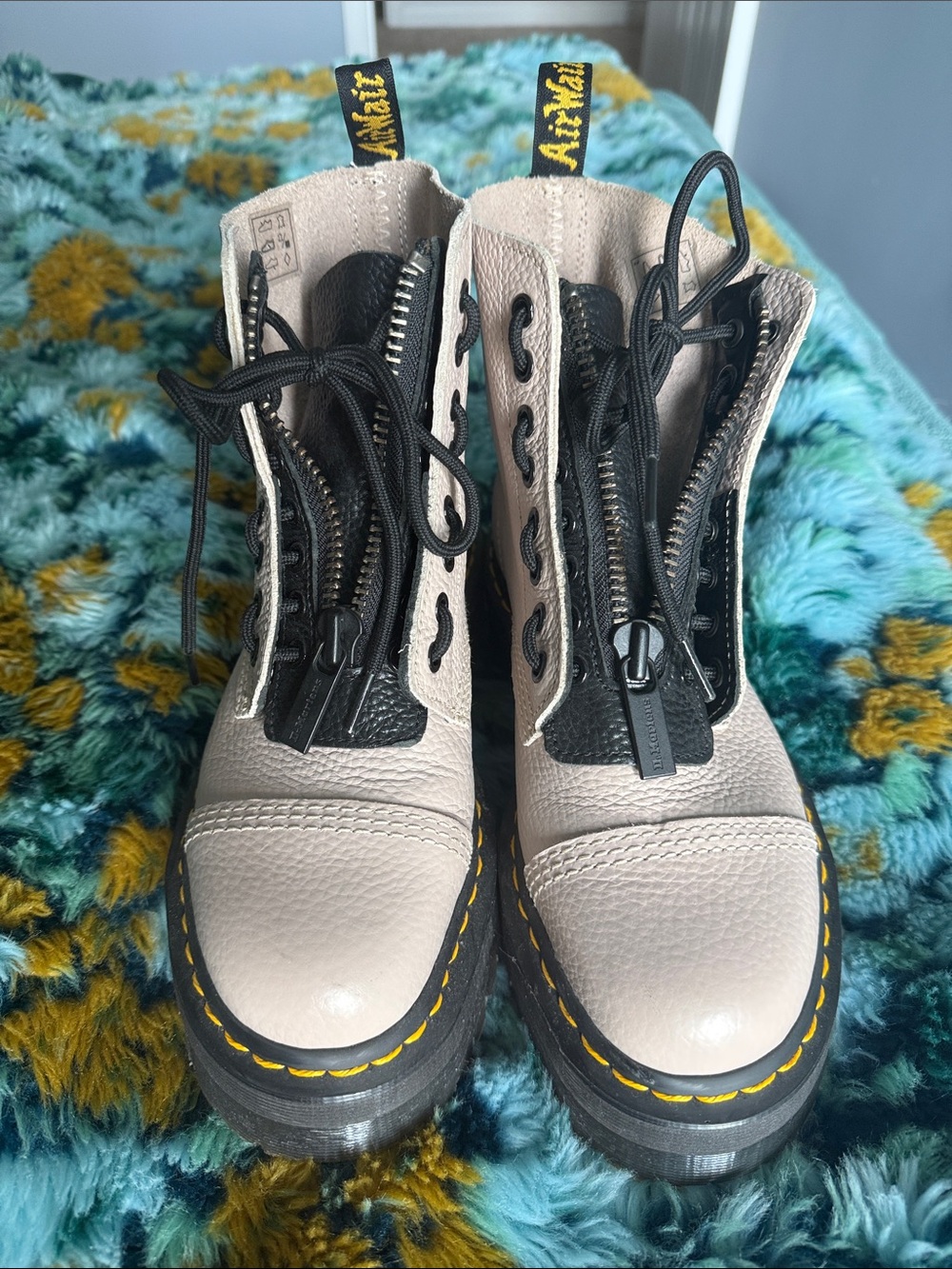 Dr. Martens Beige Leather Lace-Up Boots with Black Trim